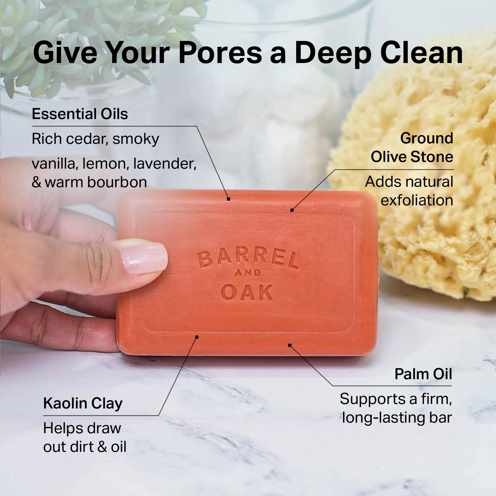 Barrel & Oak Exfoliating Bar Soap for Men – Bourbon Cedar, Kaolin & Red Clay, Walnut Shell & Olive Stone, 3-Pack | Vegan & SLS-Free