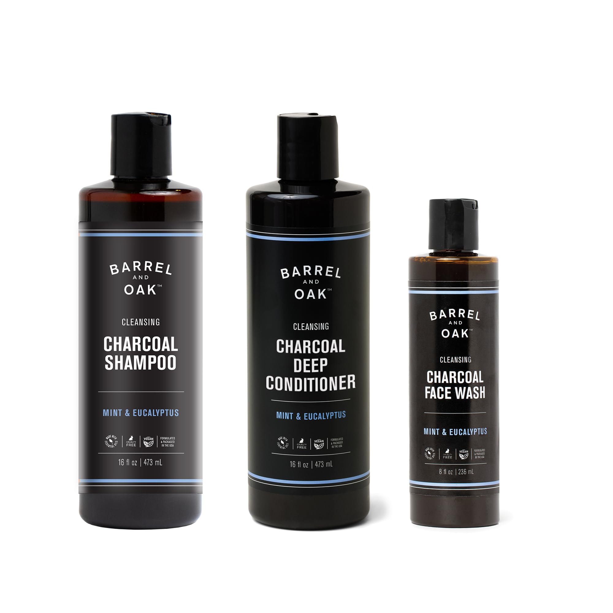 Barrel & Oak Mint & Eucalyptus Body Care Set for Men | Charcoal Face Wash, Shampoo & Conditioner