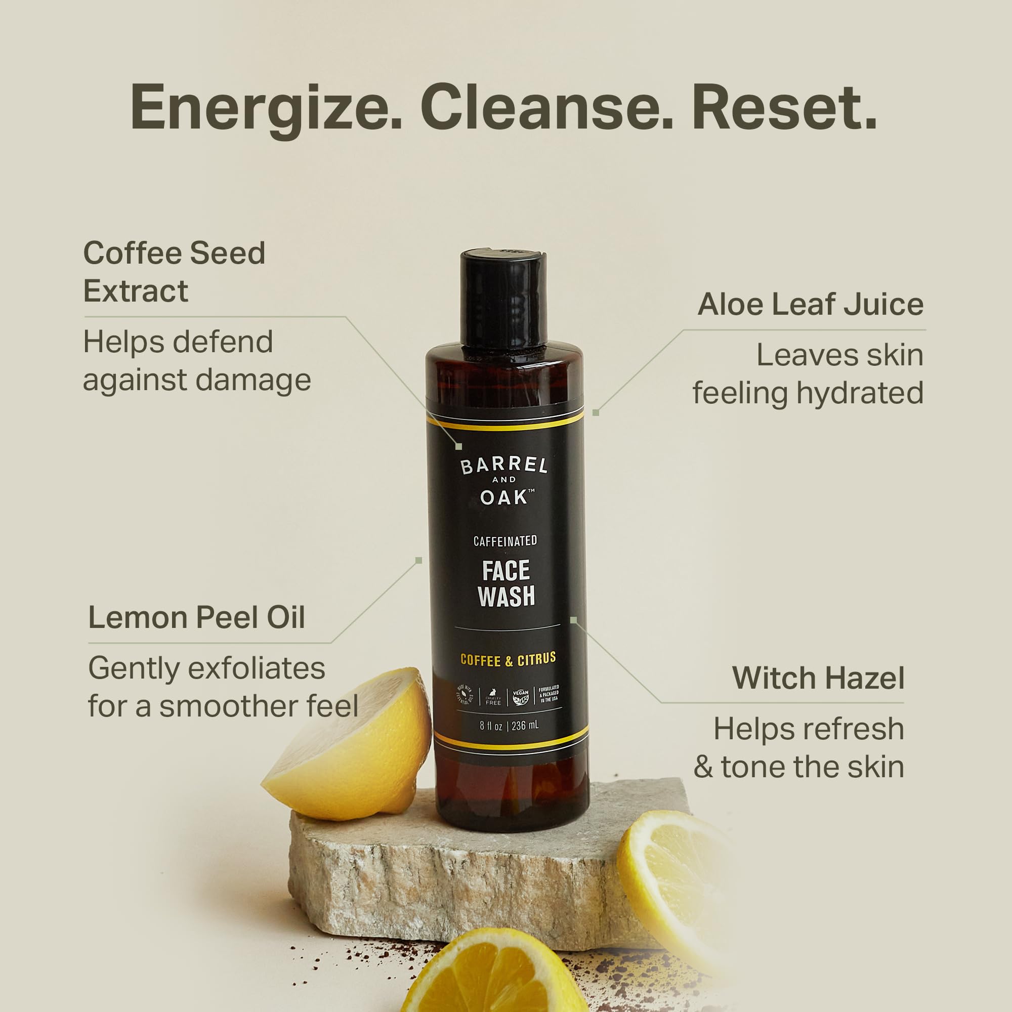 Barrel & Oak Coffee & Citrus 3-Piece Grooming Set for Men – Caffeinated Face Wash, Shampoo & Conditioner