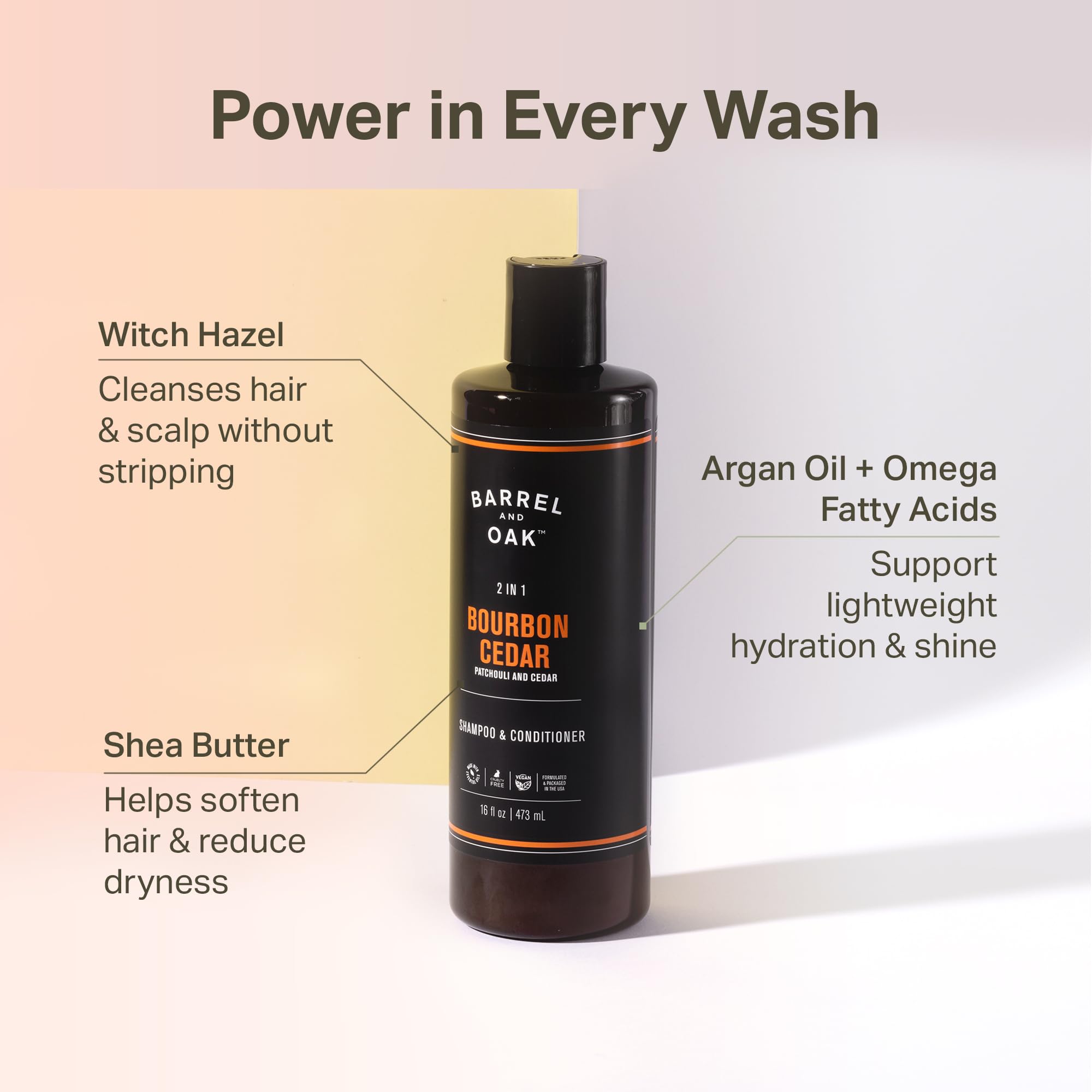 Barrel & Oak 2-in-1 Men's Shampoo & Conditioner – Bourbon Cedar, 16 oz | Vegan & Cruelty-Free