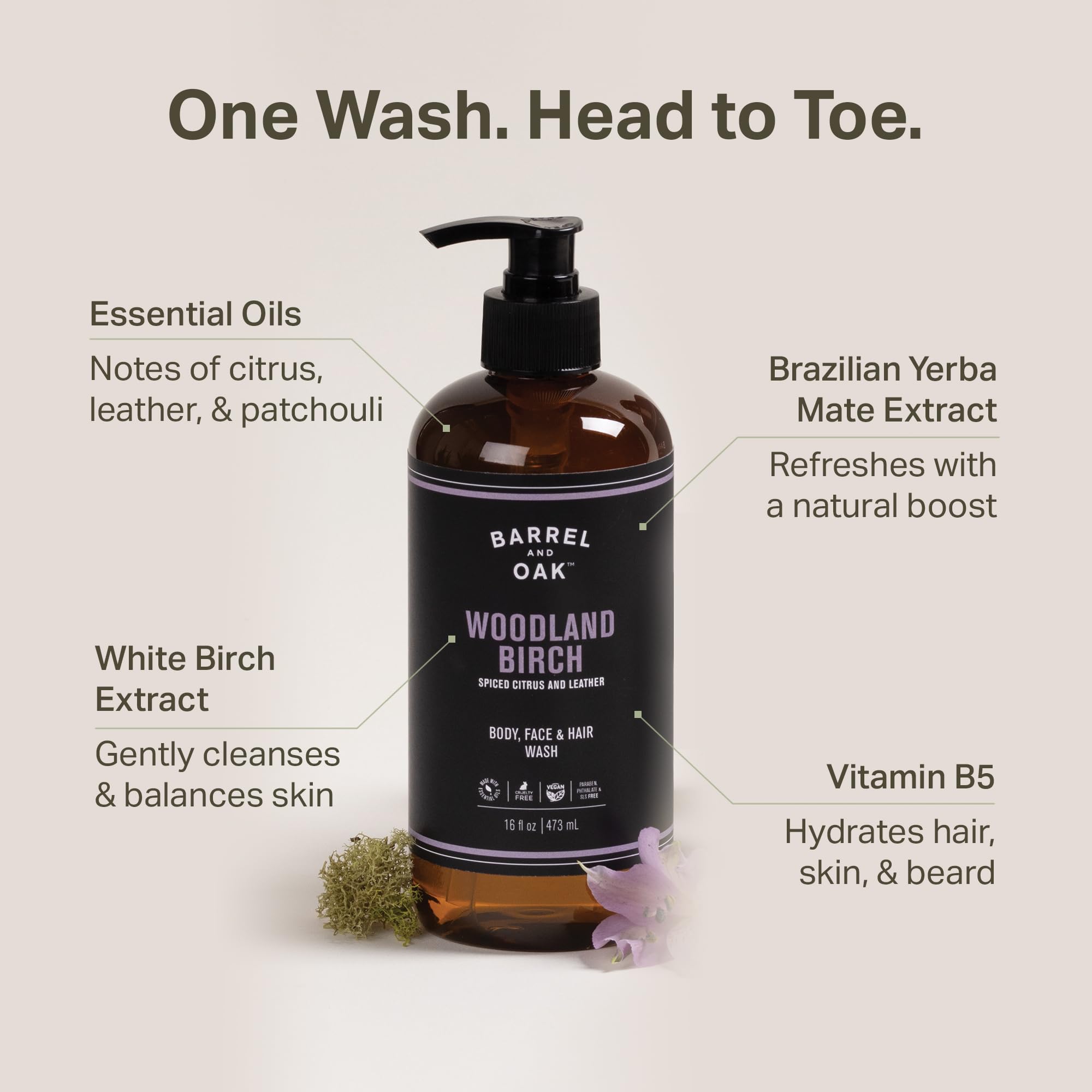 Barrel & Oak Woodland Birch 3-Piece Men’s Grooming Set | All-in-One Body Wash, 2‑in‑1 Shampoo & Conditioner, Exfoliating Bar