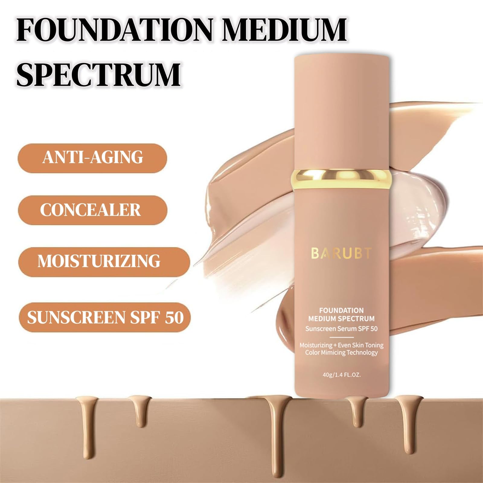 BARUBT 4 in 1 Color Changing Foundation - Medium Spectrum for Evening Skin Tone | Long-Lasting, Waterproof & Hydrating