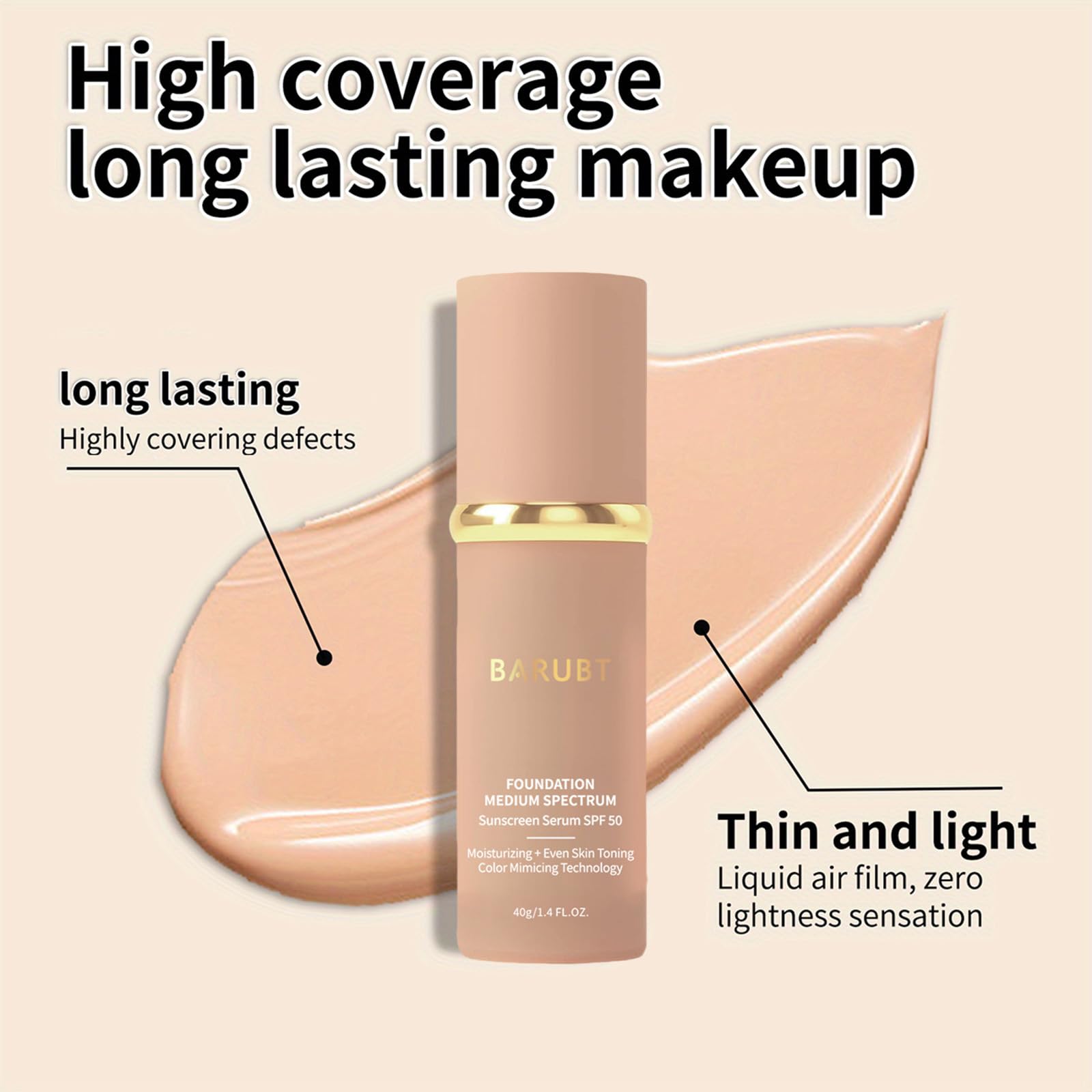 BARUBT 4 in 1 Color Changing Foundation - Medium Spectrum for Evening Skin Tone | Long-Lasting, Waterproof & Hydrating