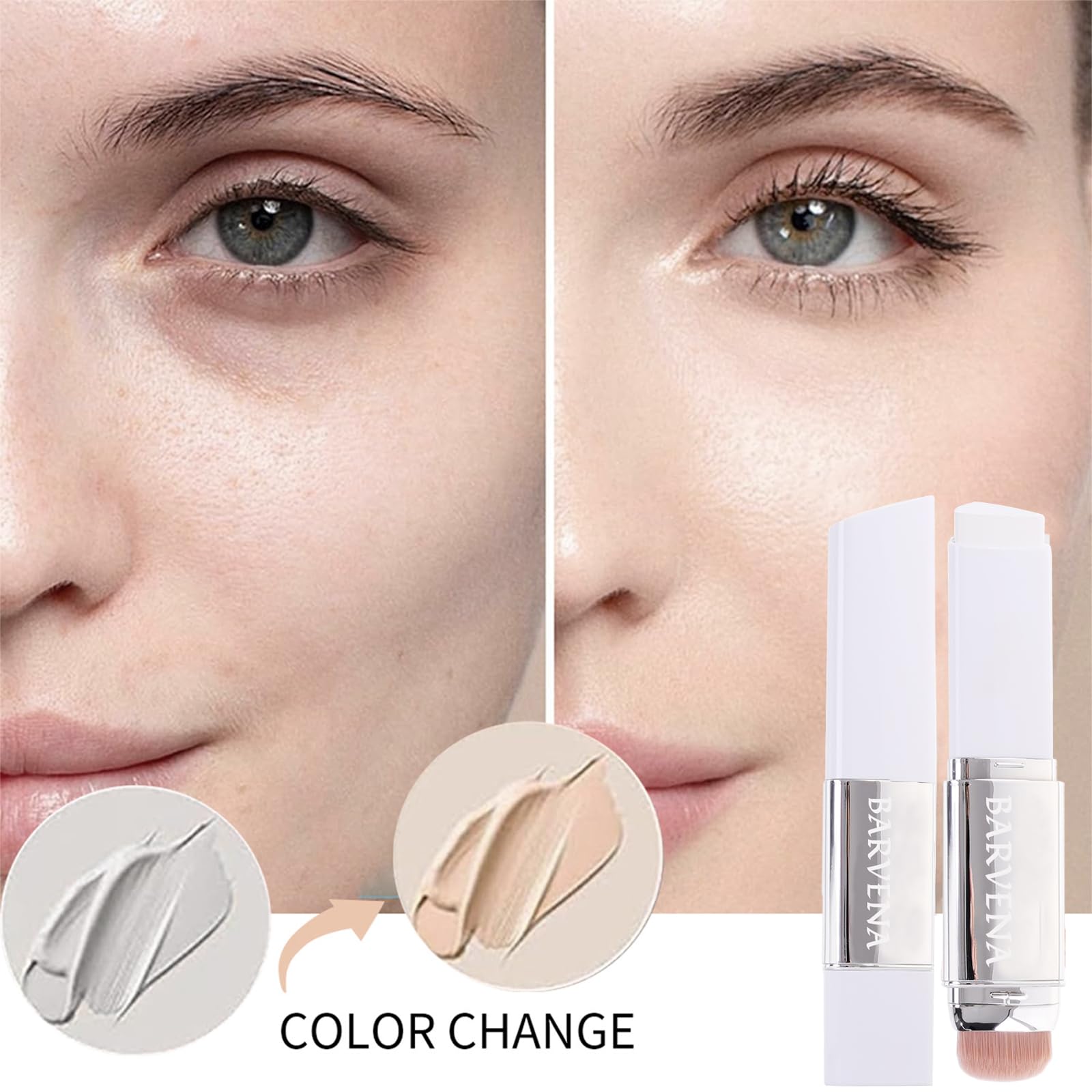 BARVENA Color Changing Foundation Stick with Brush – 2-in-1 Waterproof Dewy Finish 0.7 oz