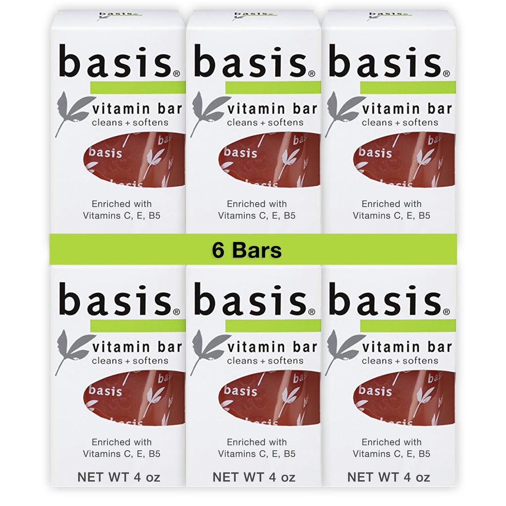 Basis Vitamin Bar Soap – All-in-One Body, Hands & Face, 6-Pack (4 oz Each)