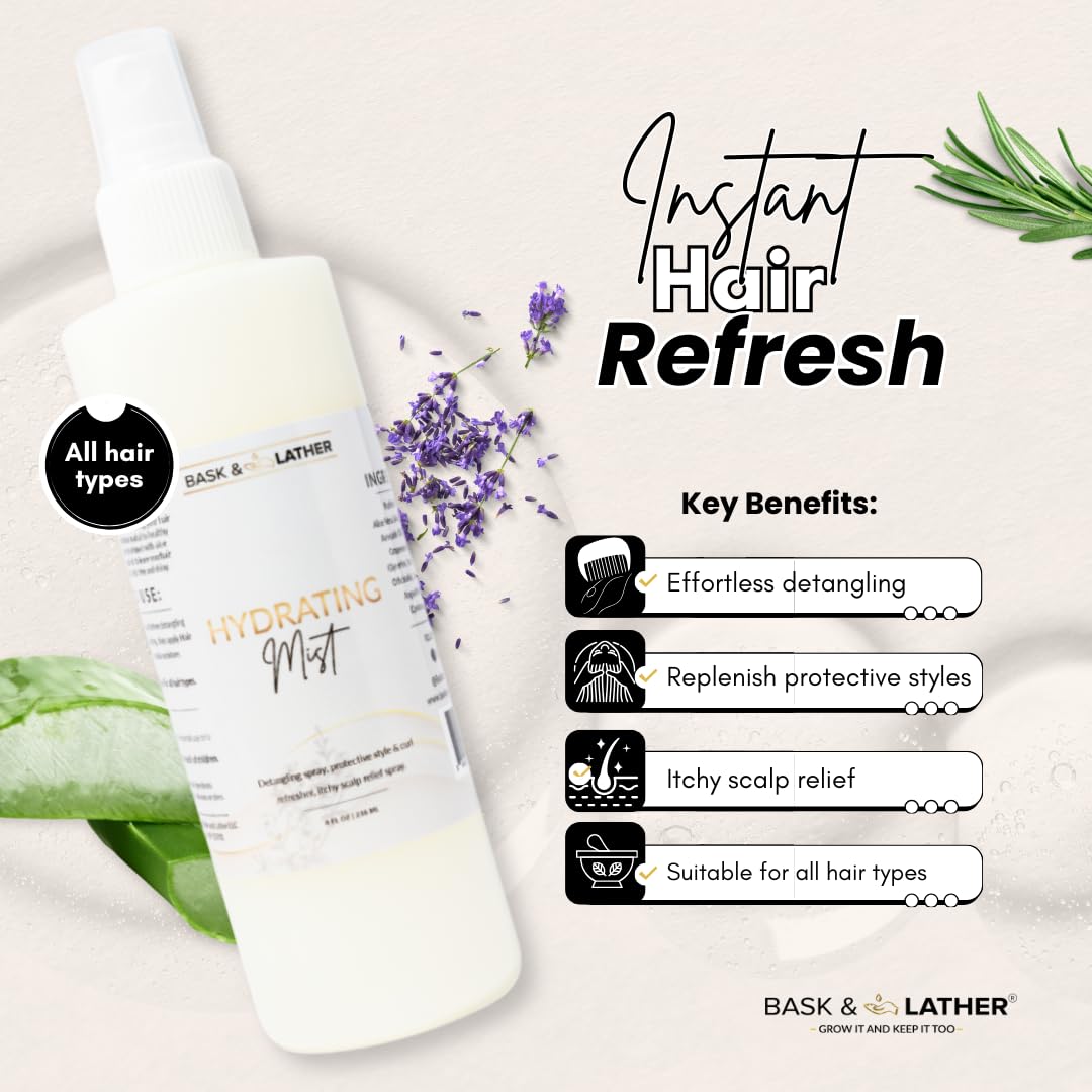 BASK & LATHER Hydrating Hair Mist — Leave-In Detangler for All Hair Types (8 oz)