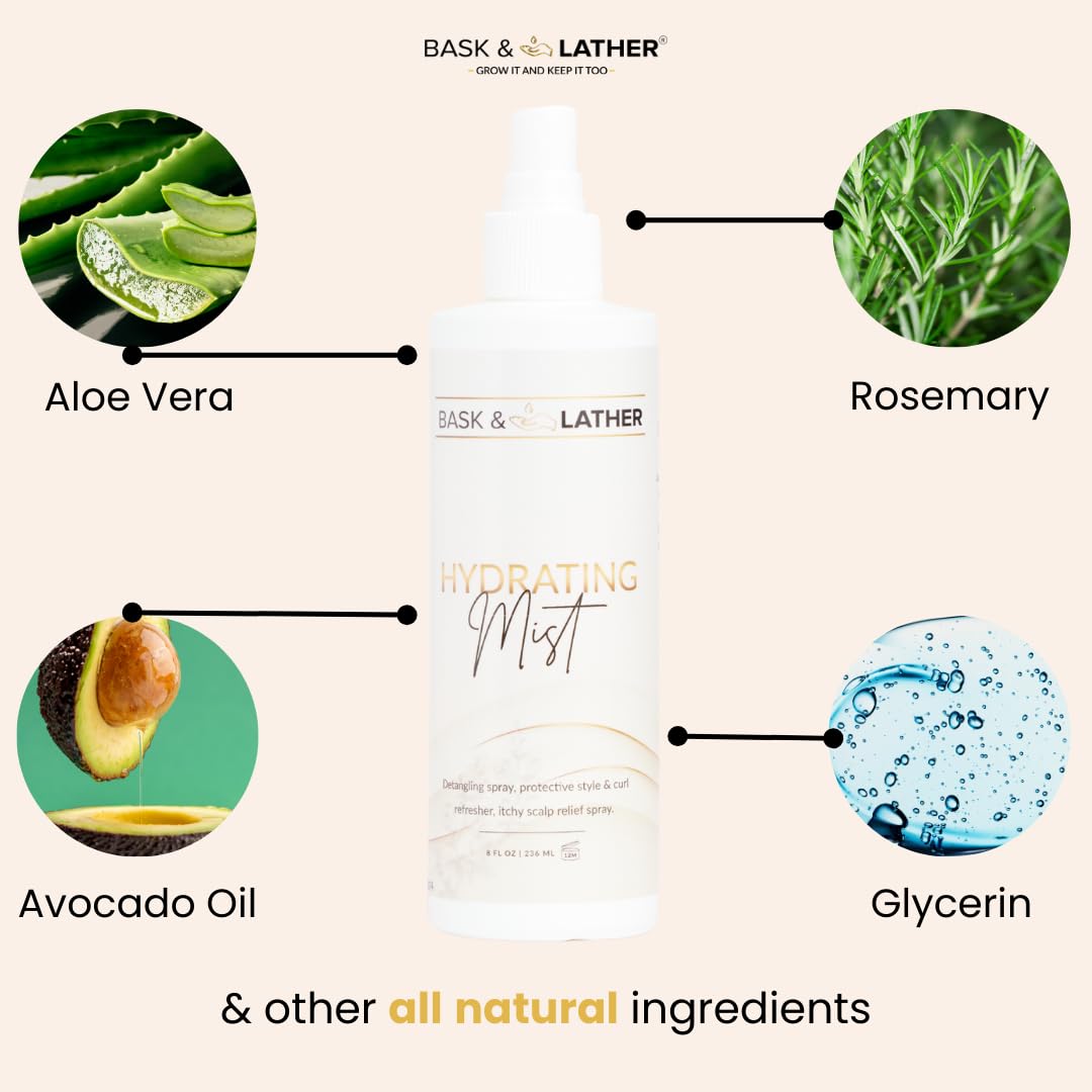 BASK & LATHER Hydrating Hair Mist — Leave-In Detangler for All Hair Types (8 oz)