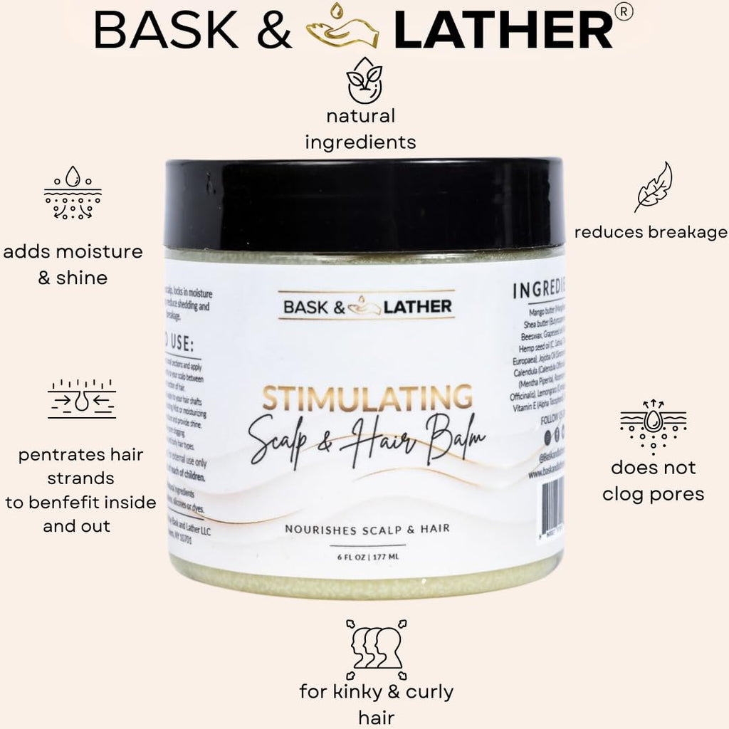 Bask & Lather Stimulating Scalp & Hair Balm for Hair Growth – Mango & Shea Butter, Peppermint & Rosemary, Vitamin E | 6 oz