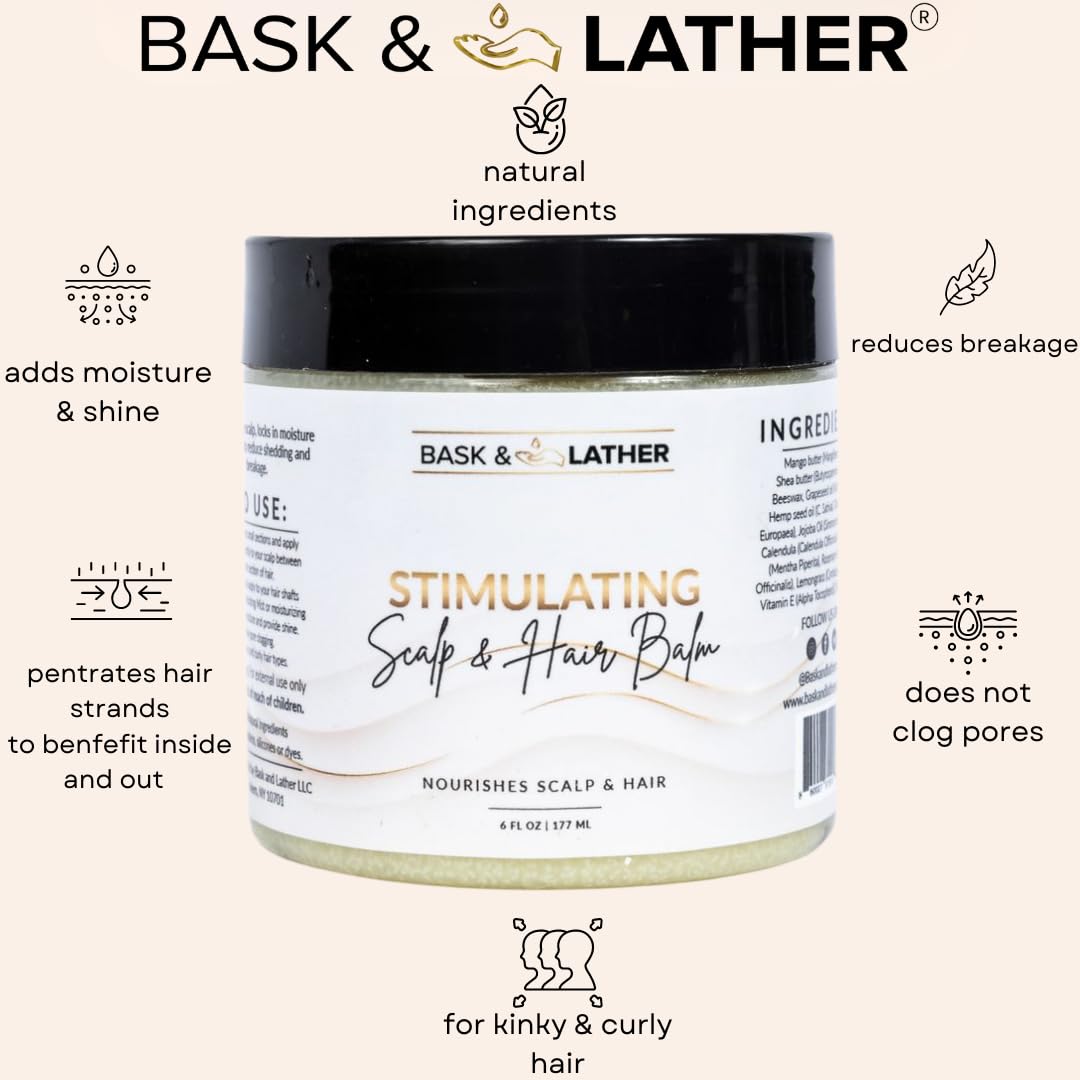Bask & Lather Stimulating Scalp & Hair Balm for Hair Growth – Mango & Shea Butter, Peppermint & Rosemary, Vitamin E | 6 oz
