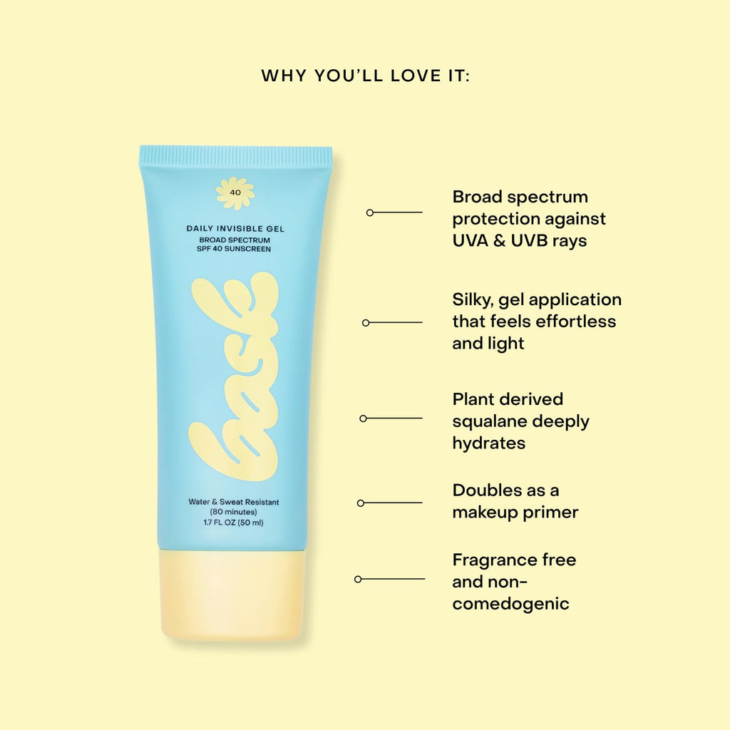 Bask Suncare SPF 40 Daily Invisible Gel Face Sunscreen – Fragrance-Free, Lightweight Makeup Primer