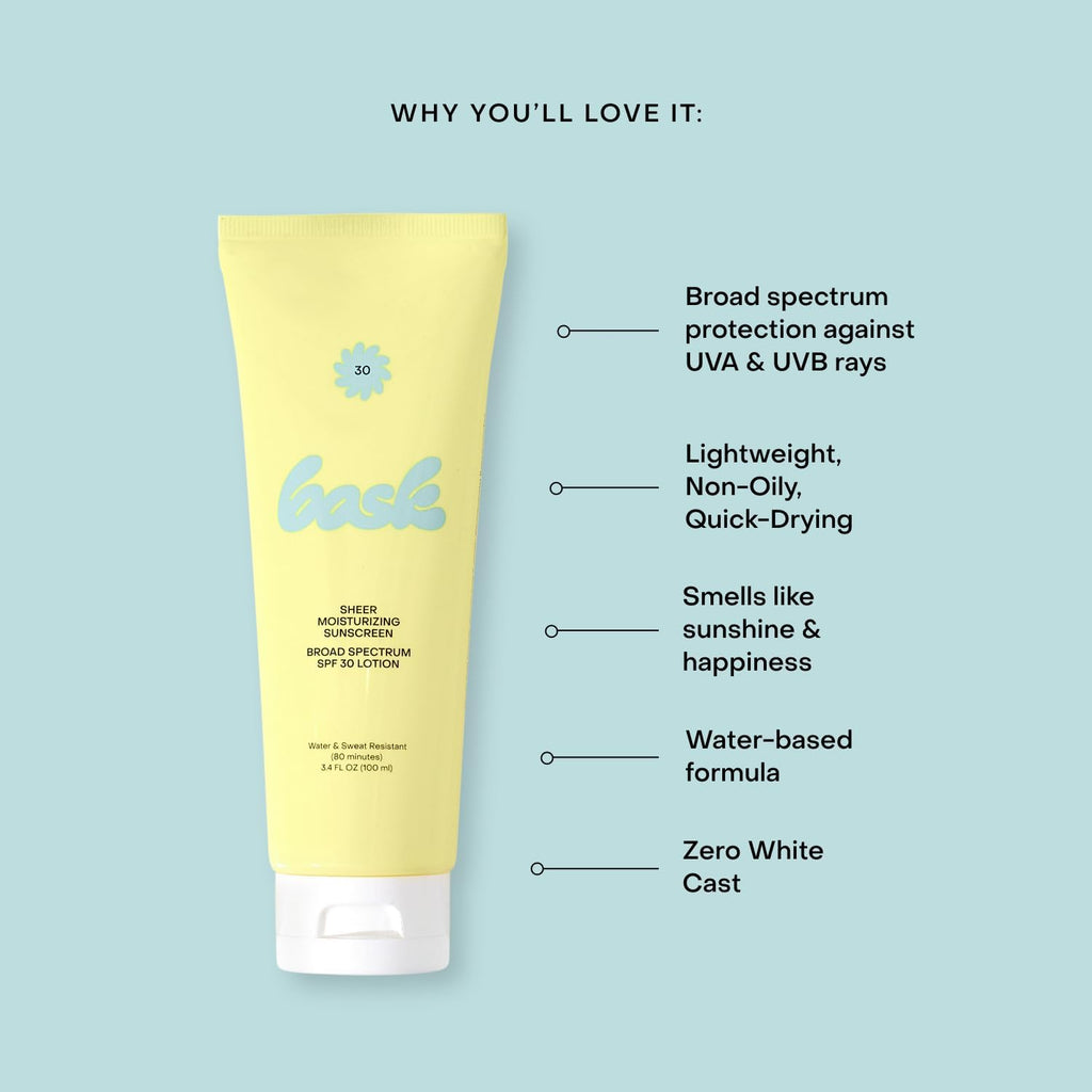 Bask Suncare SPF 30 Sheer Moisturizing Sunscreen Lotion — Broad Spectrum, Lightweight, Hydrating, 3-Pack Travel Size