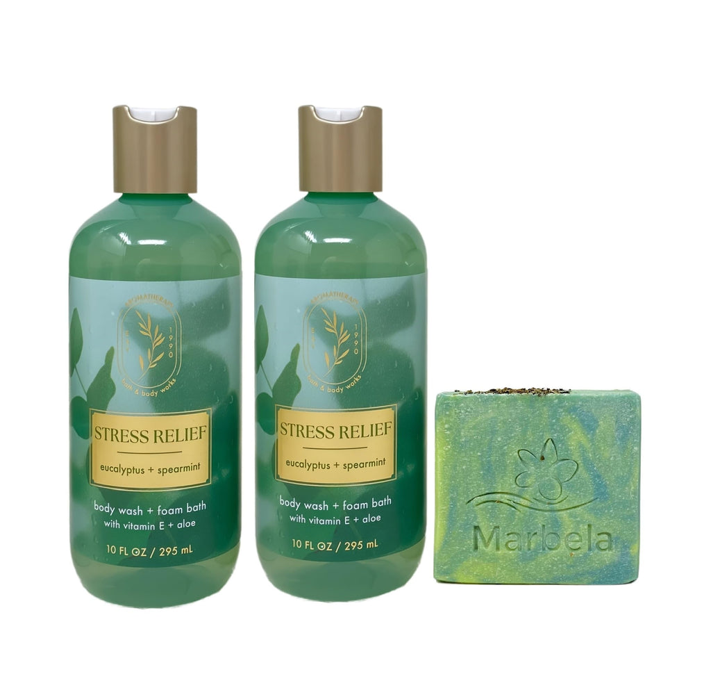 Bath & Body Works Aromatherapy Stress Relief Eucalyptus Spearmint – 2 Body Wash + Foam Bath + Fresh Forest Bar Soap