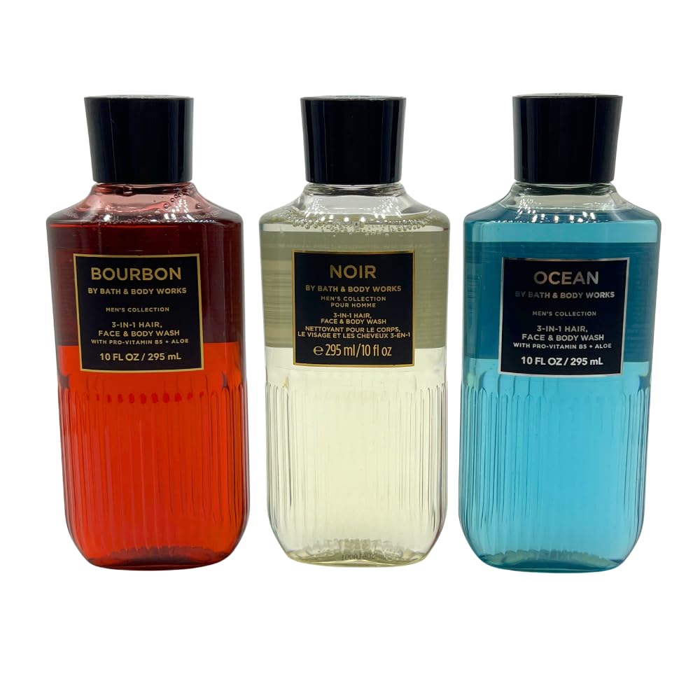 Bath & Body Works Bourbon, Noir & Ocean 3-in-1 Gift Set – 10 oz Each Hair, Face & Body Wash
