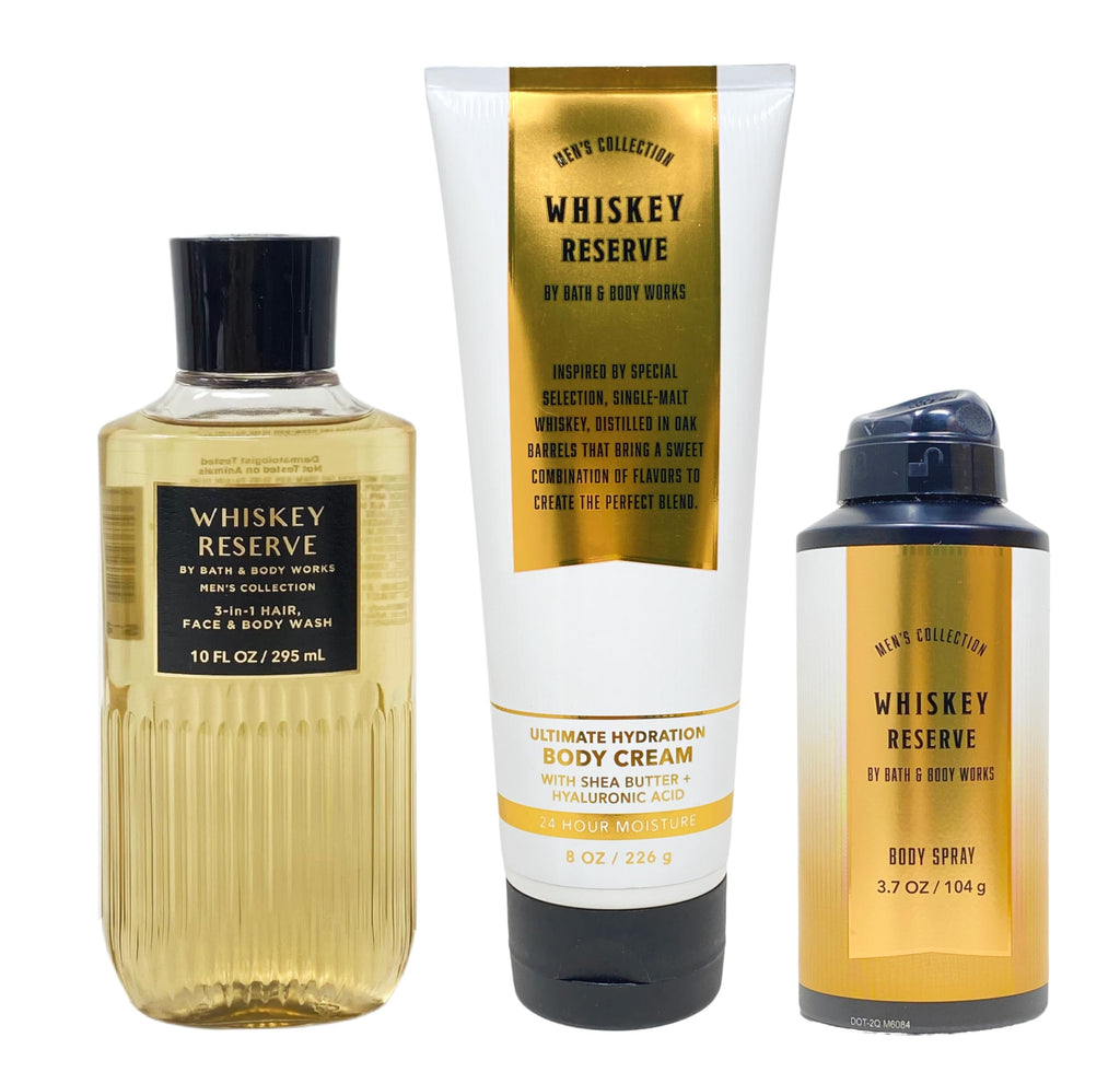 Bath & Body Works Whiskey Reserve for Men – 3pc Bundle: 3-in-1 Wash, Deodorizing Spray & Hydration Cream