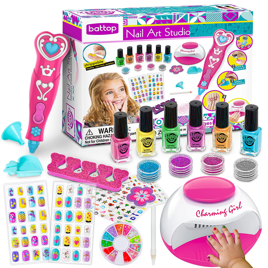 BATTOP Kids Nail Polish Set — Nail Art Kit with Dryer, Glitter Pen, Non-Toxic Polish