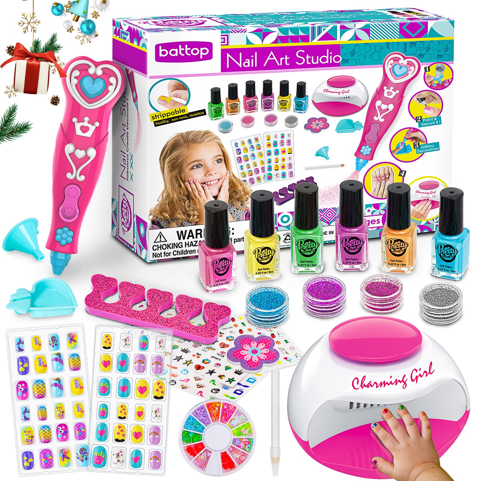 BATTOP Kids Nail Polish Set — Nail Art Kit with Dryer, Glitter Pen, Non-Toxic Polish