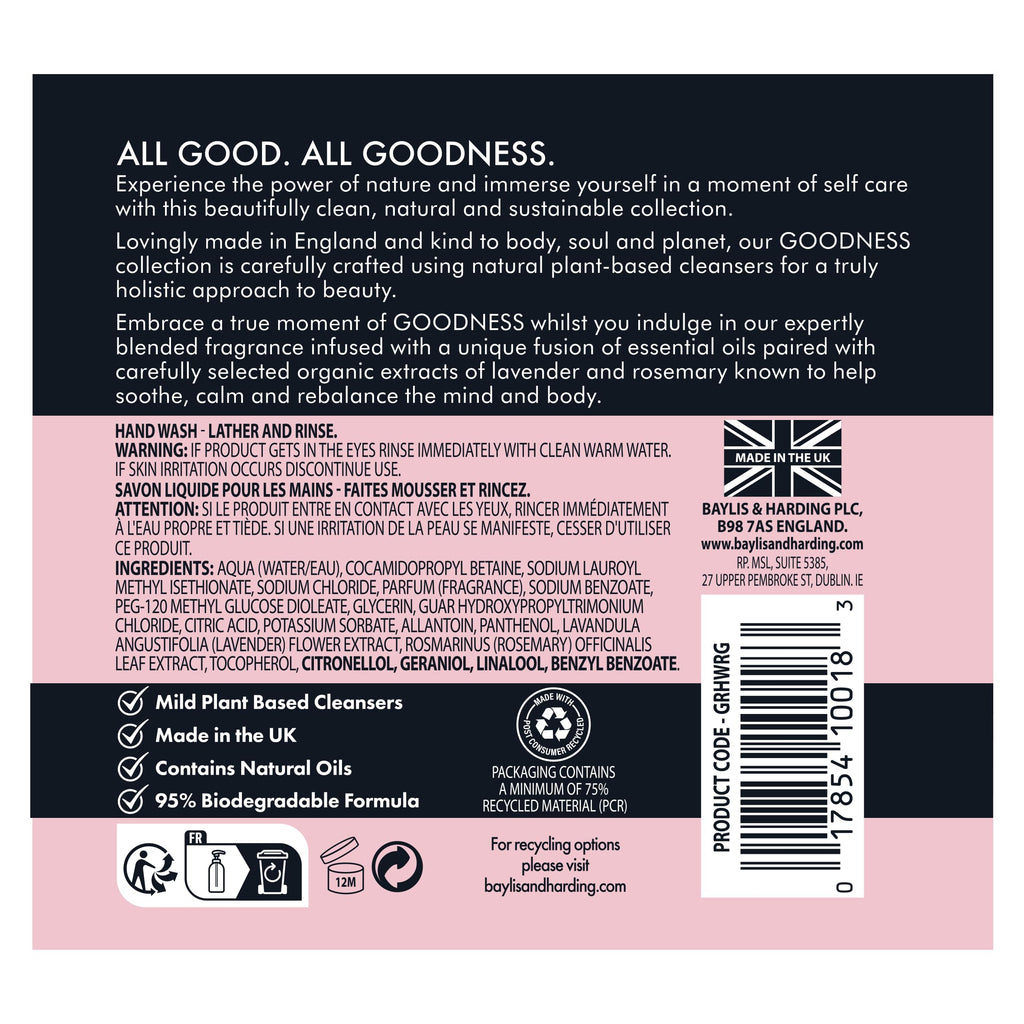 Baylis & Harding Goodness Rose & Geranium Liquid Hand Soap with Dispenser – 500ml