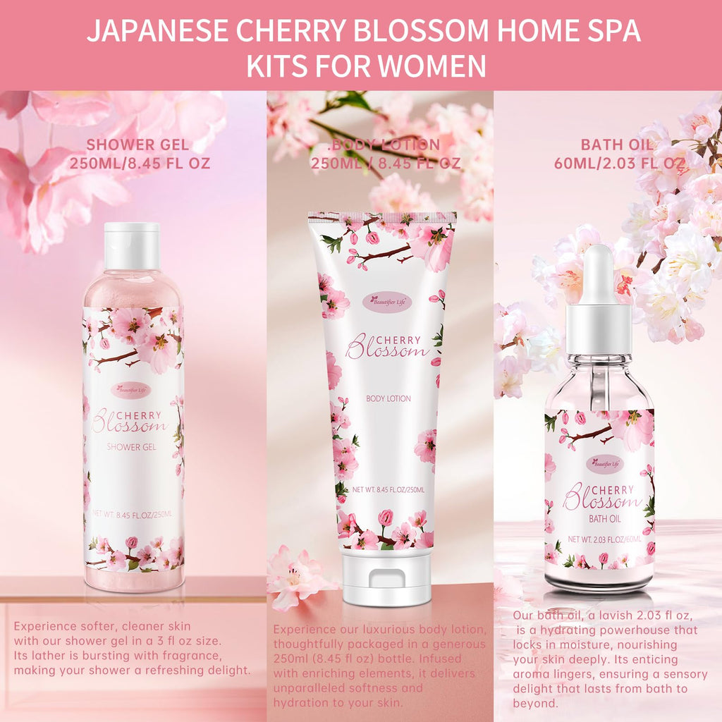 BBlove Japanese Cherry Blossom 7-Piece Bath & Body Gift Set | Luxury Home Spa for Women & Girls