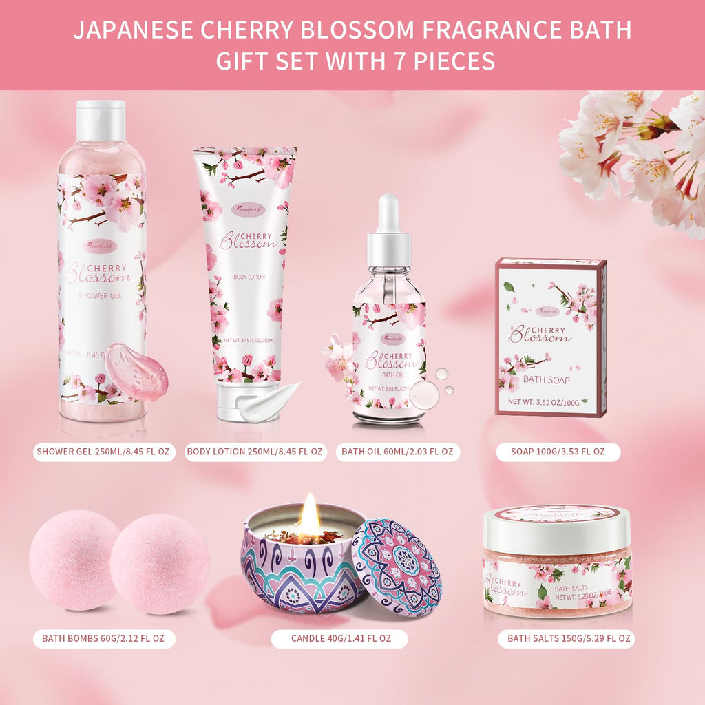 BBlove Japanese Cherry Blossom 7-Piece Bath & Body Gift Set | Luxury Home Spa for Women & Girls