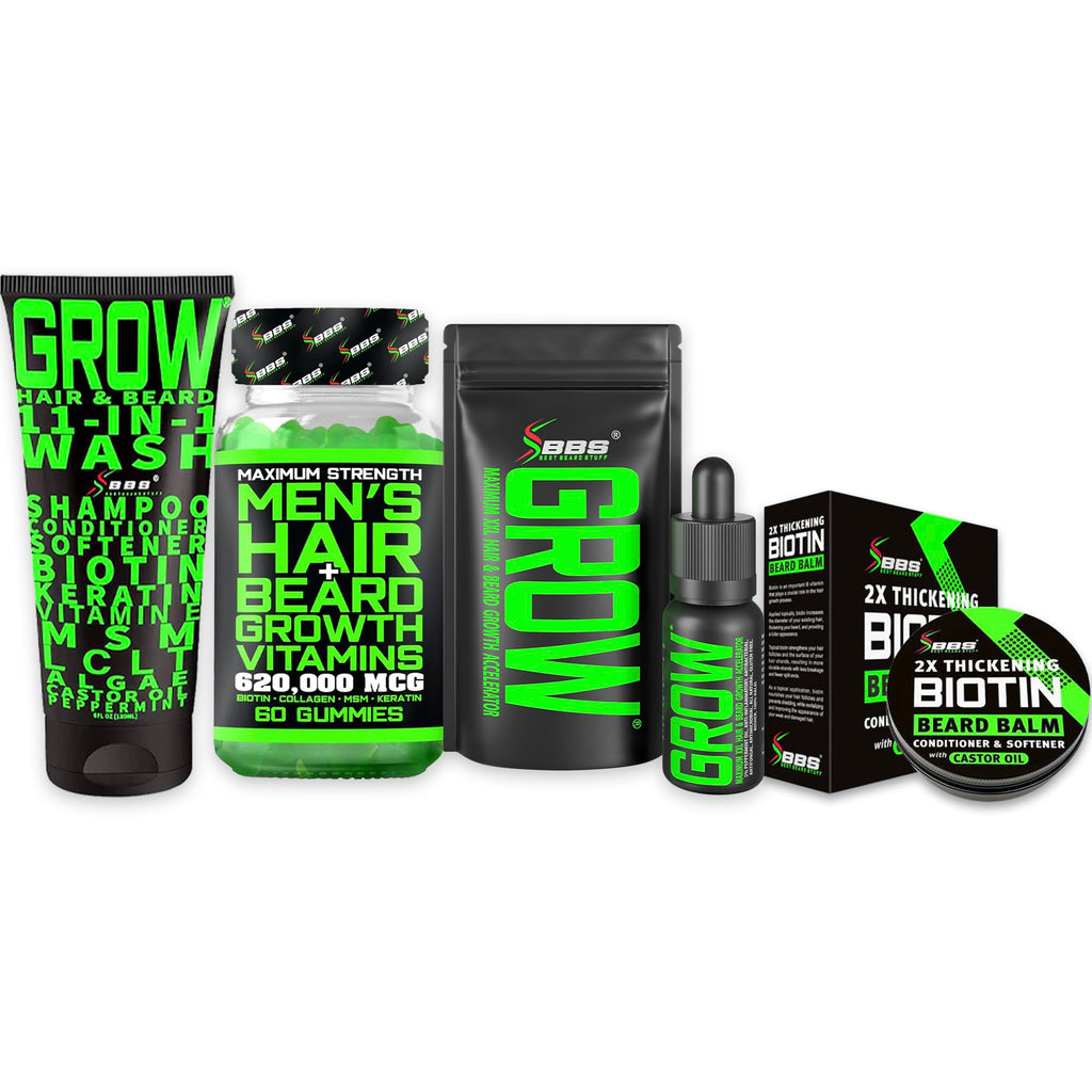 Beard Growth Kit for Thicker Fuller Beard - GROW Serum, Biotin Balm, Gummies, 11-in-1 Wash | BBS BEST BEARD STUFF