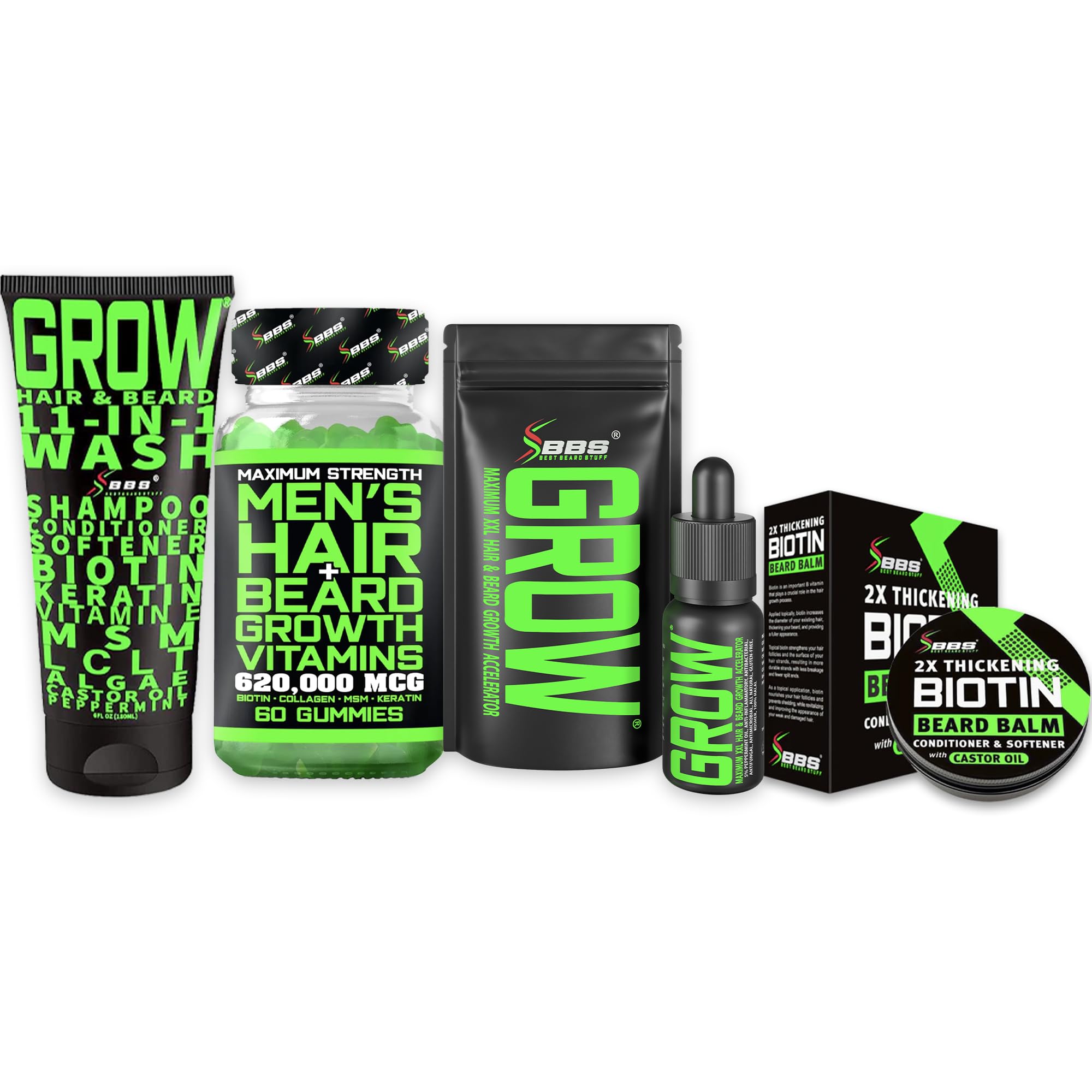 Beard Growth Kit for Thicker Fuller Beard - GROW Serum, Biotin Balm, Gummies, 11-in-1 Wash | BBS BEST BEARD STUFF