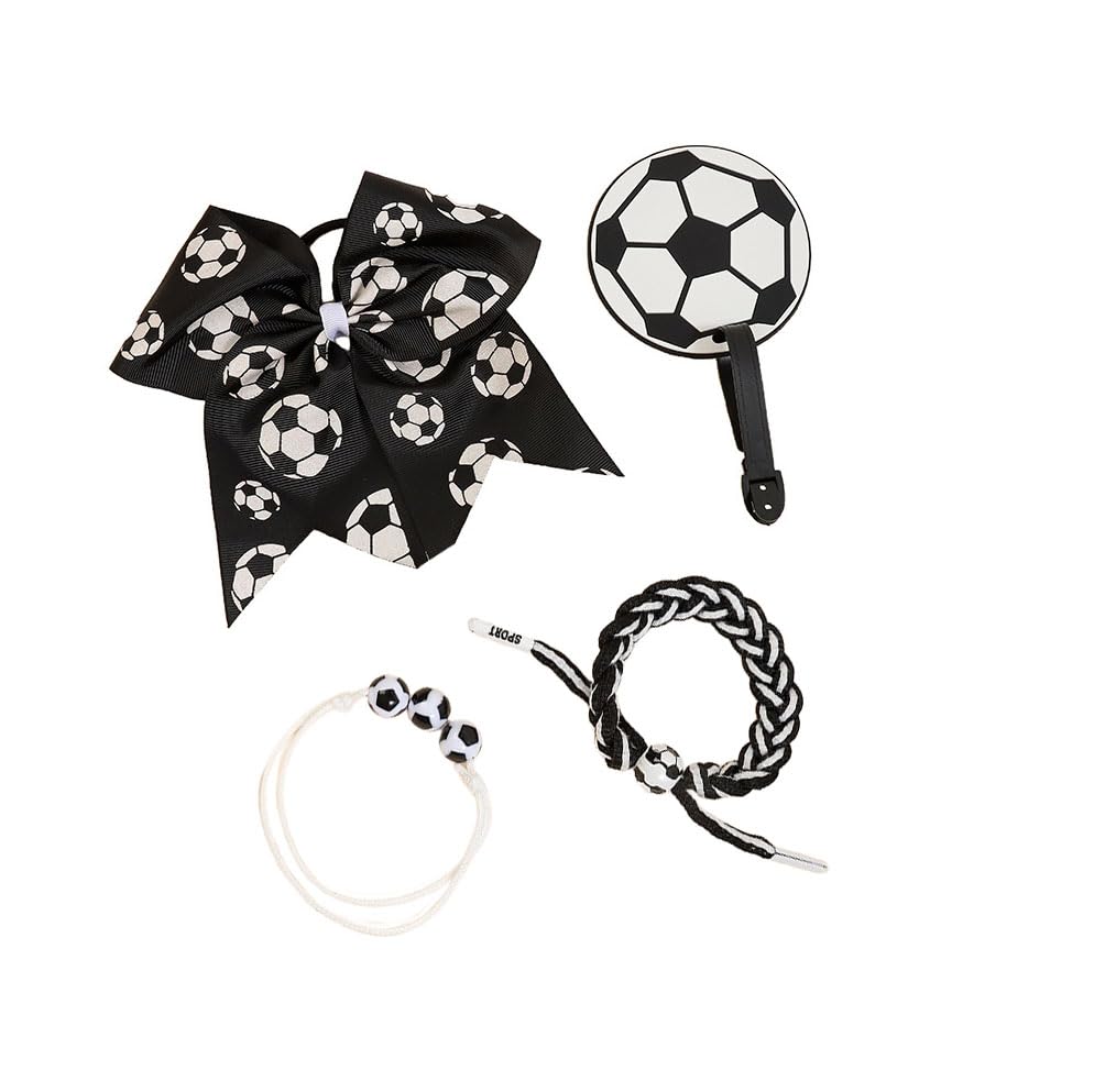 BBTDIN Soccer Cheer Bow 4Pcs Set – White Soccer Ball Hair Bow & Ponytail Holder