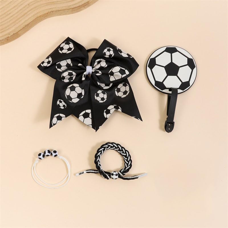 BBTDIN Soccer Cheer Bow 4Pcs Set – White Soccer Ball Hair Bow & Ponytail Holder