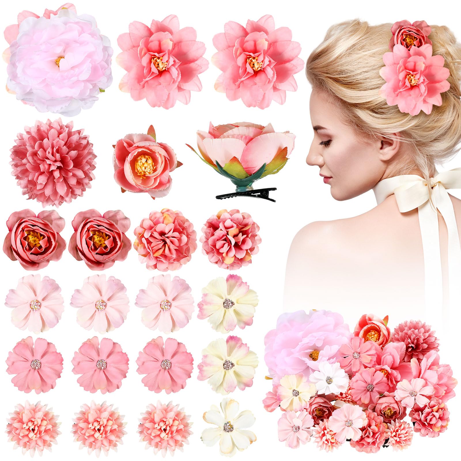 BBTO 21 Pcs Flower Hair Clips – 3D Rose Barrettes for Weddings & Boho Style (Light Pink)