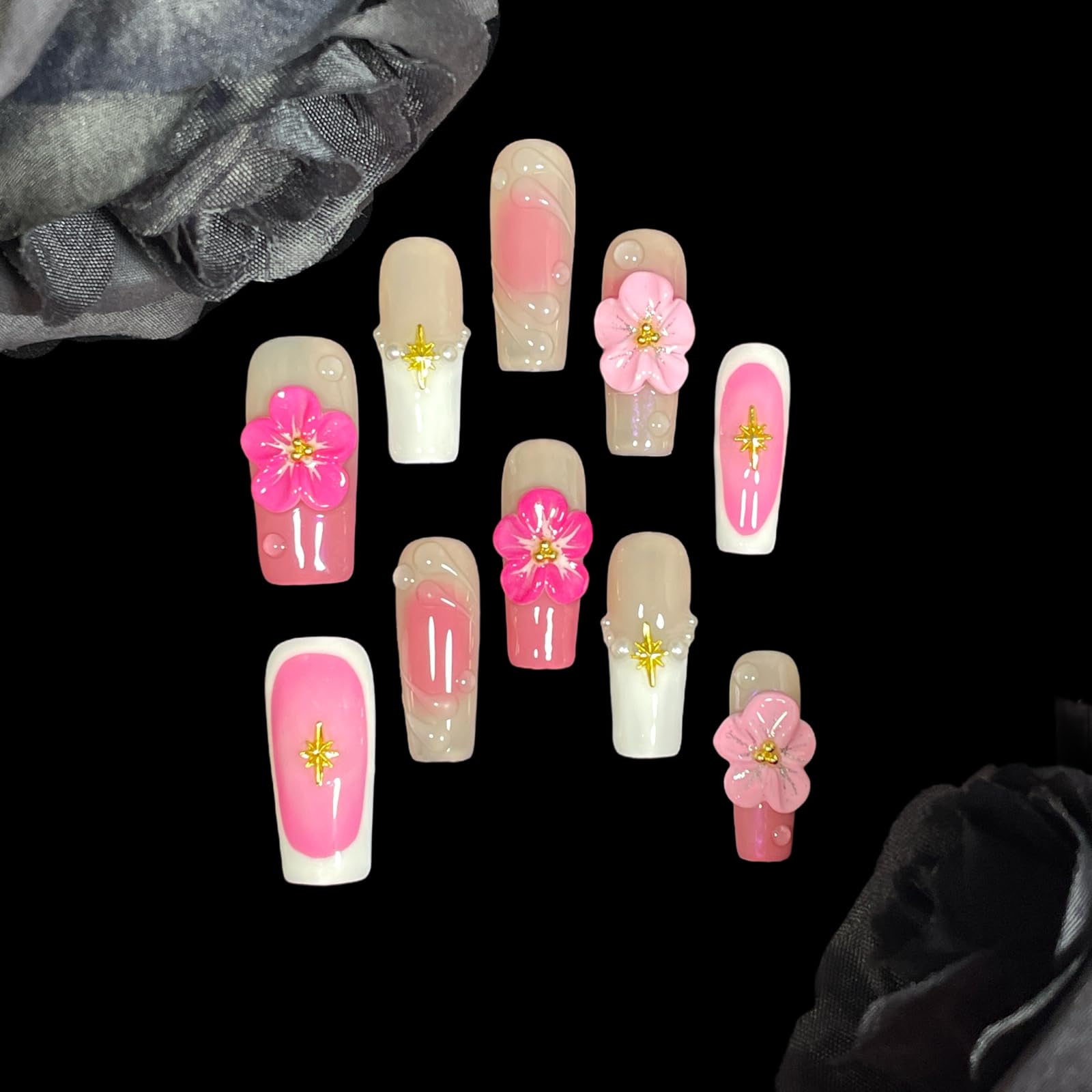 BByogooz Handmade Press On Nails – Pink Sakura 3D Design with Gold Stars & Pearls (Medium/Long, Square)