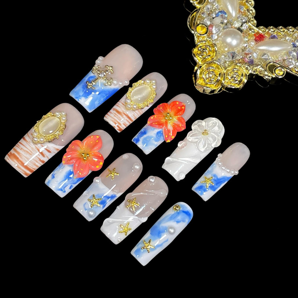 BByogooz Handmade 3D Ocean Design Press-On Nails – Azure, Gold Frame & Pearl Accents (Medium-Long Square)