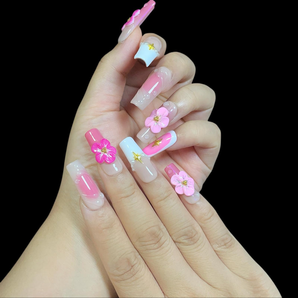 BByogooz Handmade Press On Nails – Pink Sakura 3D Design with Gold Stars & Pearls (Medium/Long, Square)