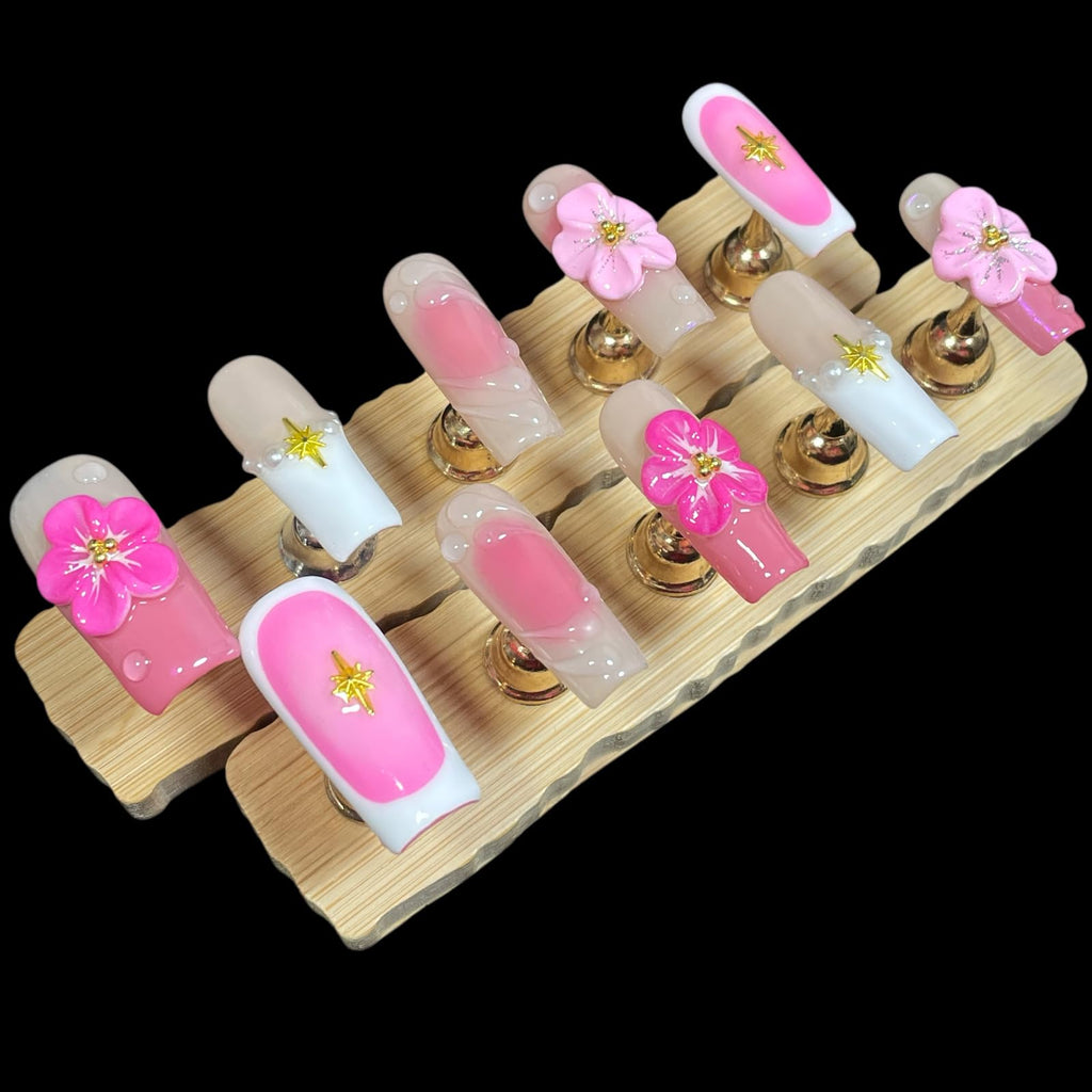 BByogooz Handmade Press On Nails – Pink Sakura 3D Design with Gold Stars & Pearls (Medium/Long, Square)