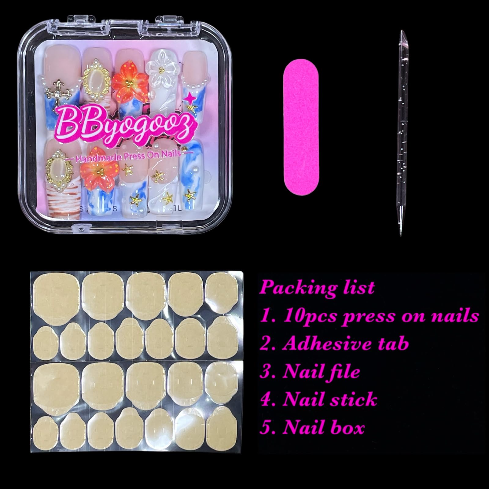 BByogooz Handmade 3D Ocean Design Press-On Nails – Azure, Gold Frame & Pearl Accents (Medium-Long Square)