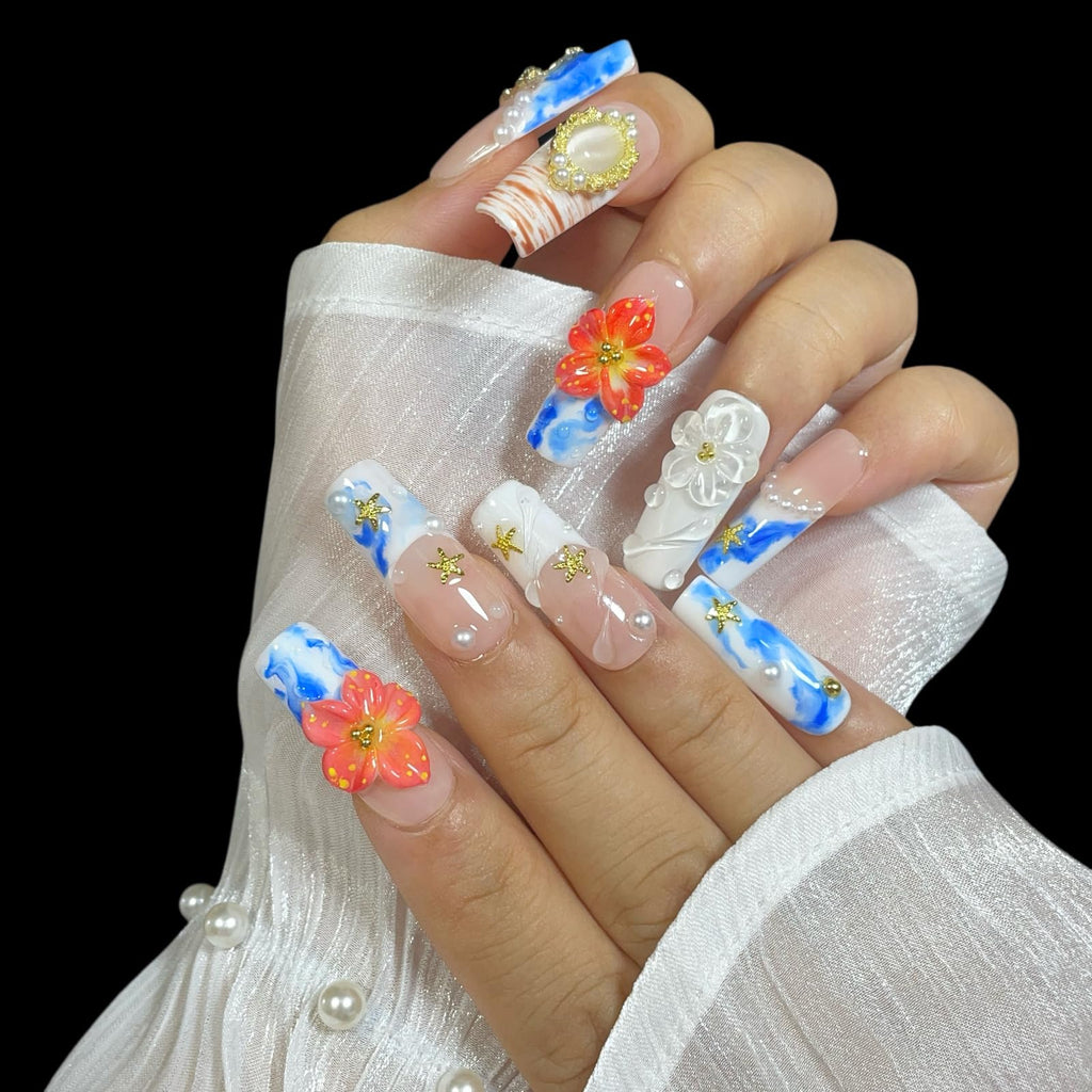 BByogooz Handmade 3D Ocean Design Press-On Nails – Azure, Gold Frame & Pearl Accents (Medium-Long Square)