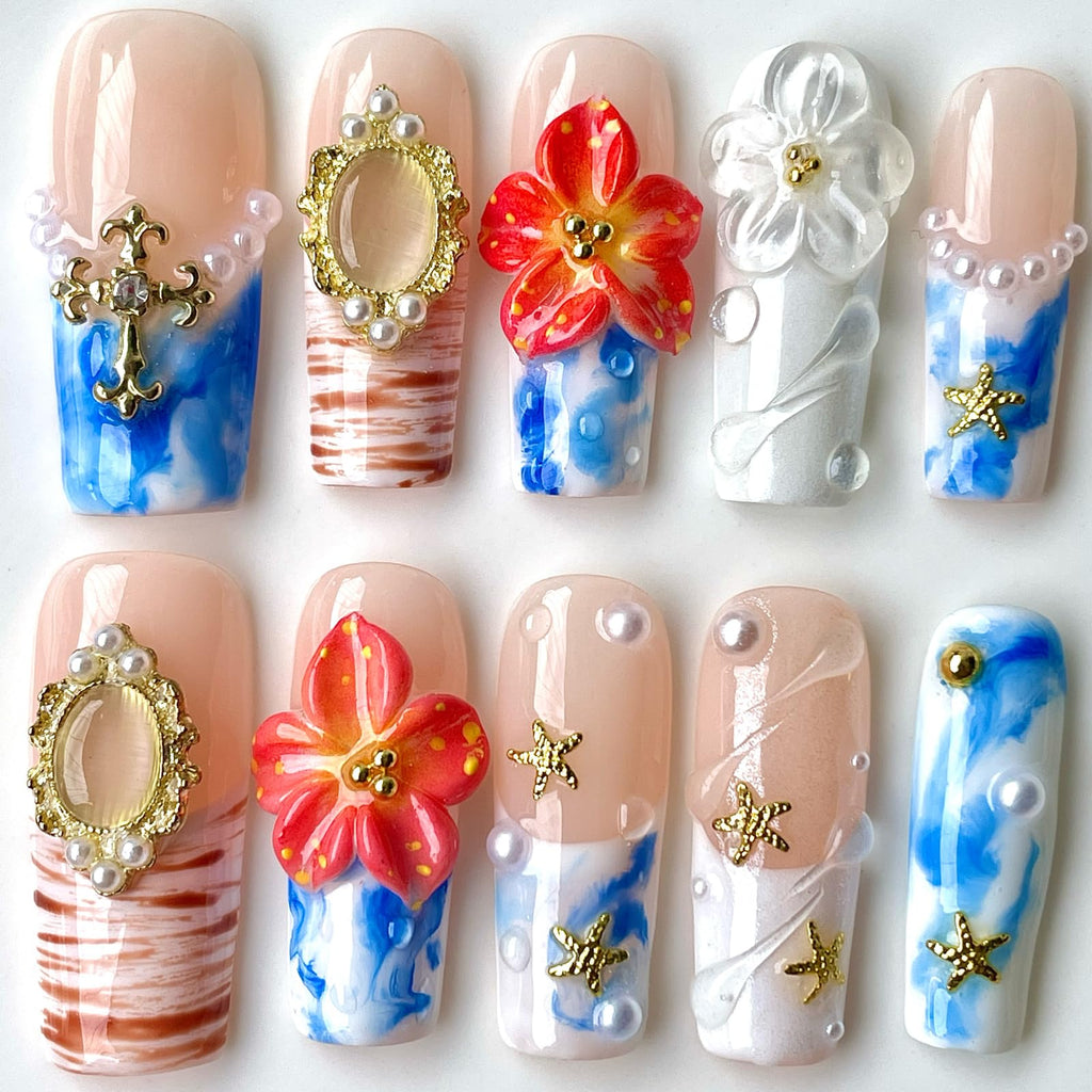 BByogooz Handmade 3D Ocean Design Press-On Nails – Azure, Gold Frame & Pearl Accents (Medium-Long Square)