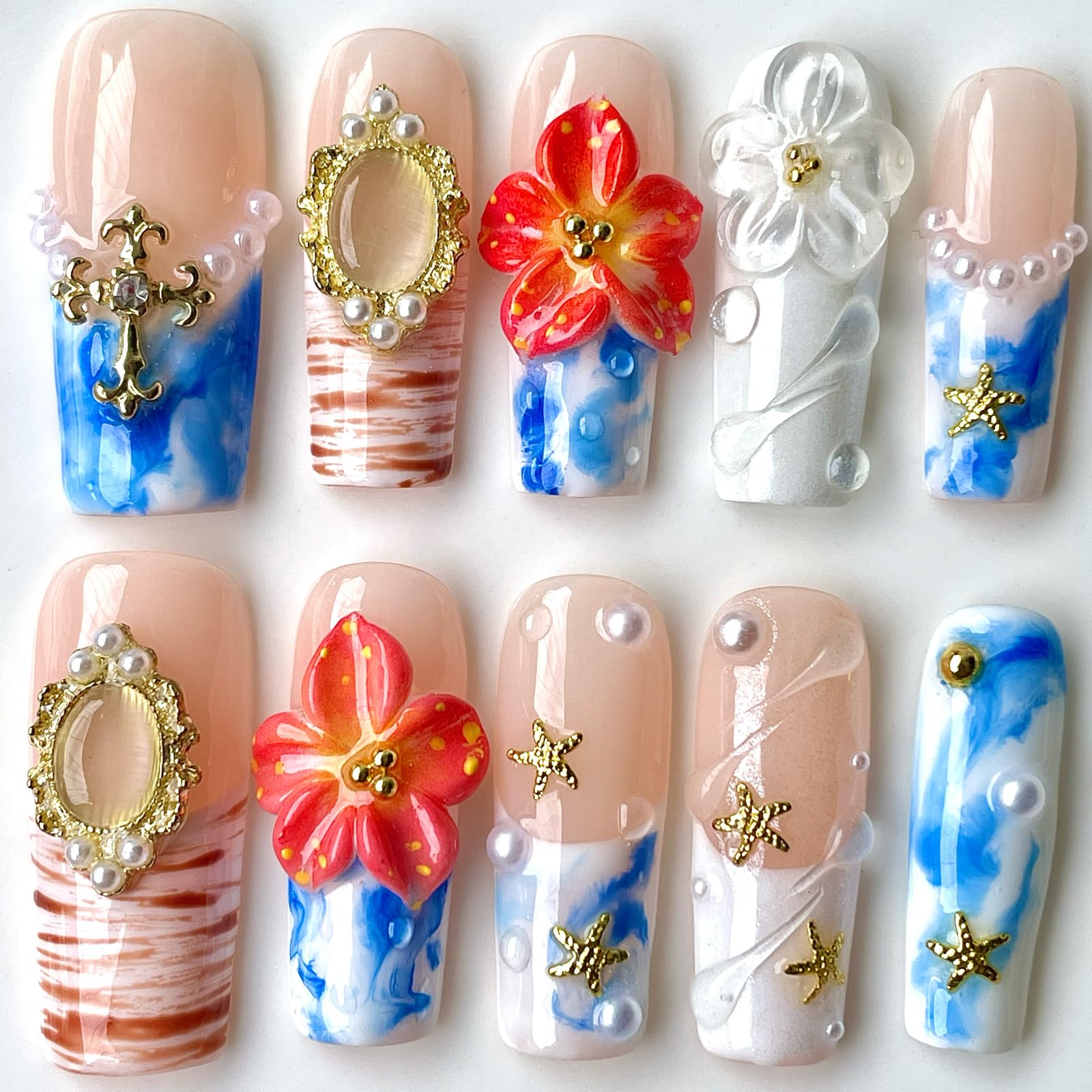 BByogooz Handmade 3D Ocean Design Press-On Nails – Azure, Gold Frame & Pearl Accents (Medium-Long Square)