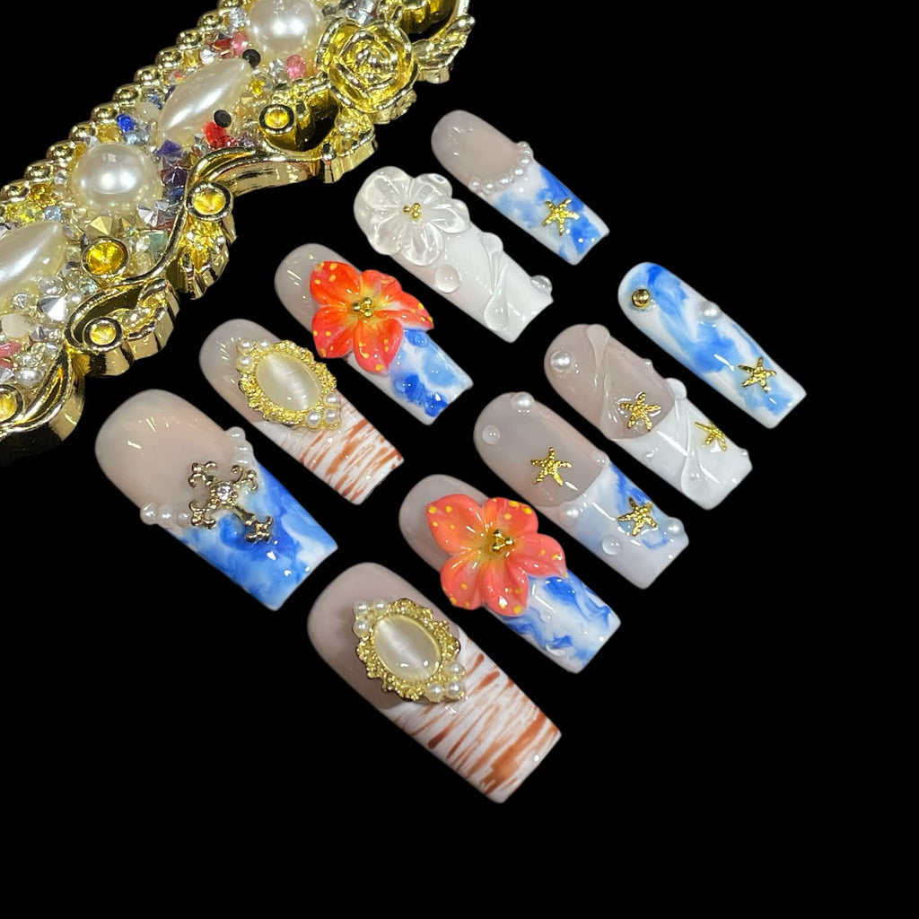 BByogooz Handmade 3D Ocean Design Press-On Nails – Azure, Gold Frame & Pearl Accents (Medium-Long Square)