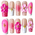 BByogooz Handmade Press On Nails – Pink Sakura 3D Design with Gold Stars & Pearls (Medium/Long, Square)