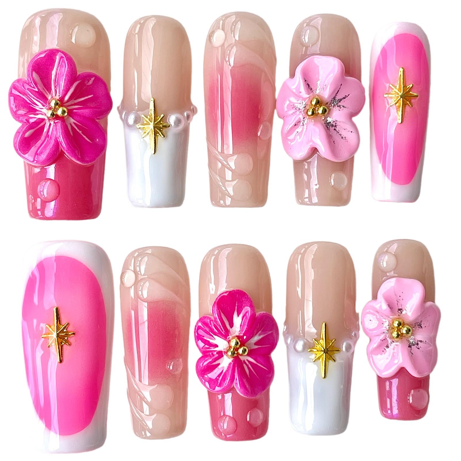 BByogooz Handmade Press On Nails – Pink Sakura 3D Design with Gold Stars & Pearls (Medium/Long, Square)