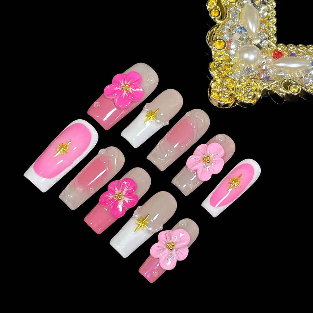 BByogooz Handmade Press On Nails – Pink Sakura 3D Design with Gold Stars & Pearls (Medium/Long, Square)