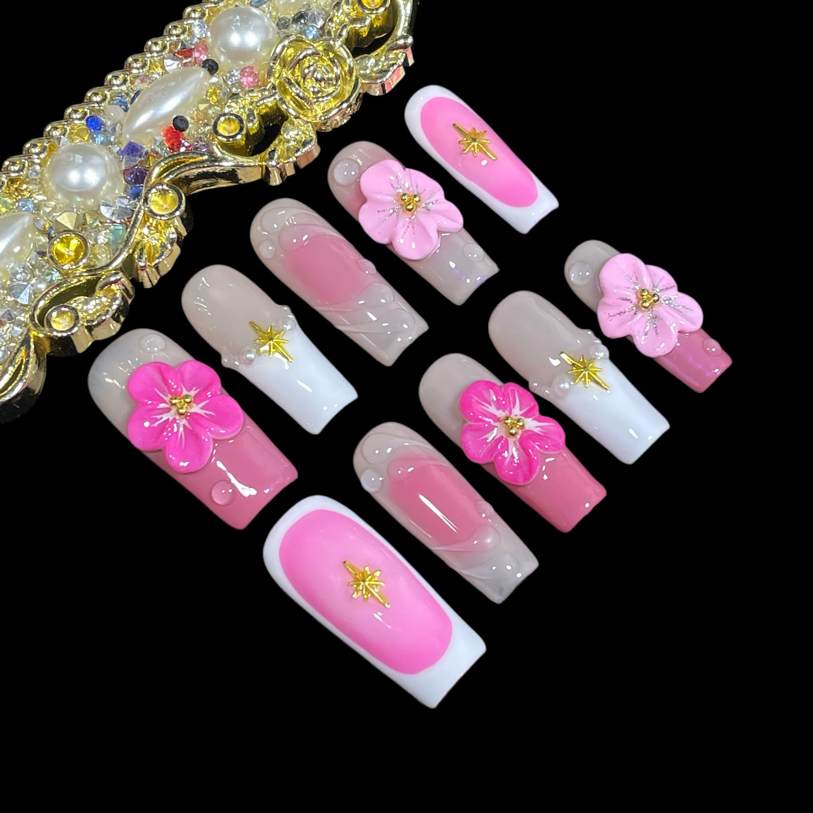 BByogooz Handmade Press On Nails – Pink Sakura 3D Design with Gold Stars & Pearls (Medium/Long, Square)