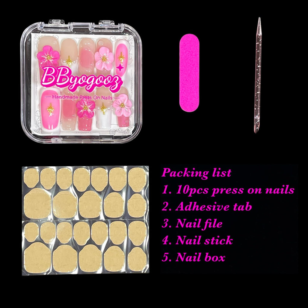 BByogooz Handmade Press On Nails – Pink Sakura 3D Design with Gold Stars & Pearls (Medium/Long, Square)