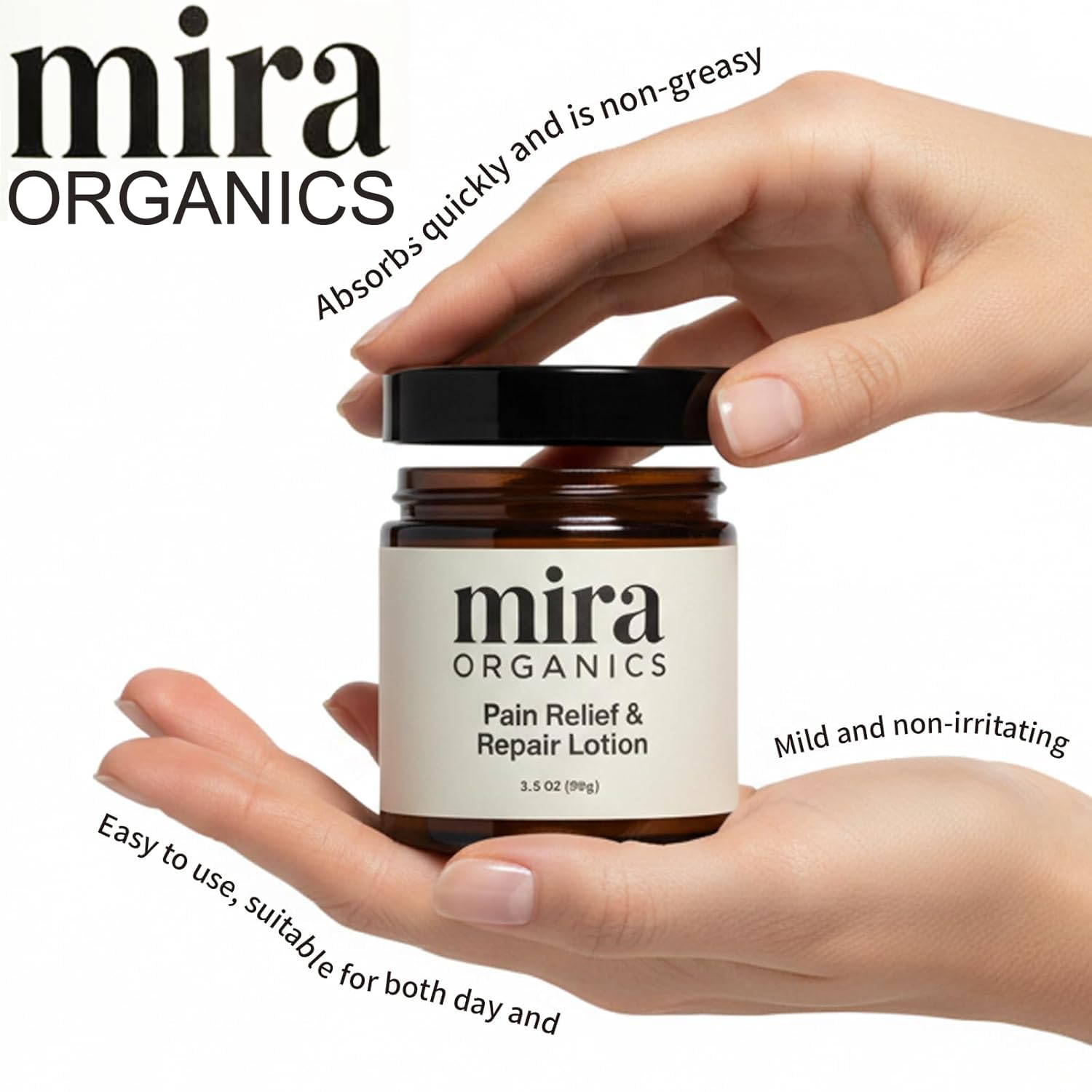 BDQBDQ Mira Organics Pain Relief Cream – Fast-Absorbing Magnesium & Arnica Lotion, Plant-Based, 3.5 oz