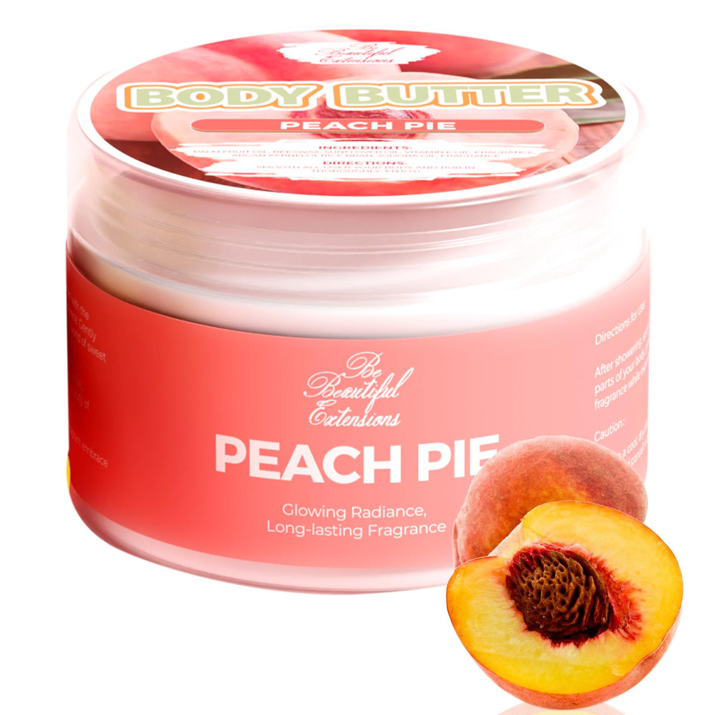 BE BEAUTIFUL EXTENSIONS Body Butter Peach Pie Scent | Long-Lasting Hydration, Jojoba Oil, 8oz