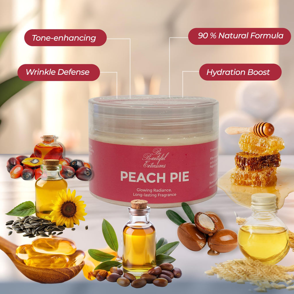 BE BEAUTIFUL EXTENSIONS Body Butter Peach Pie Scent | Long-Lasting Hydration, Jojoba Oil, 8oz