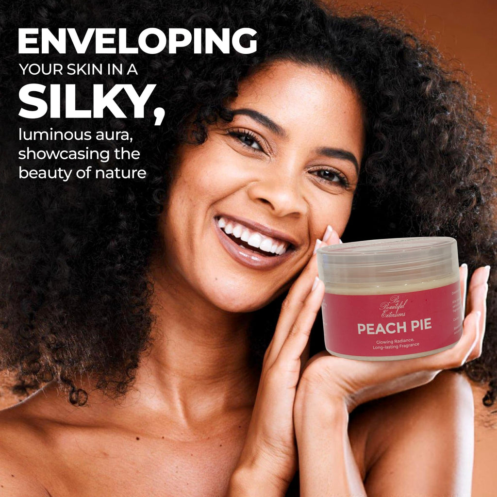 BE BEAUTIFUL EXTENSIONS Body Butter Peach Pie Scent | Long-Lasting Hydration, Jojoba Oil, 8oz