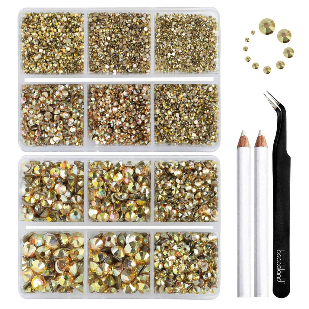 Beadsland 8300Pcs Flatback Rhinestones Kit – Gold Nail Gems in 10 Sizes SS3-SS30 with Wax Pencil & Tweezers