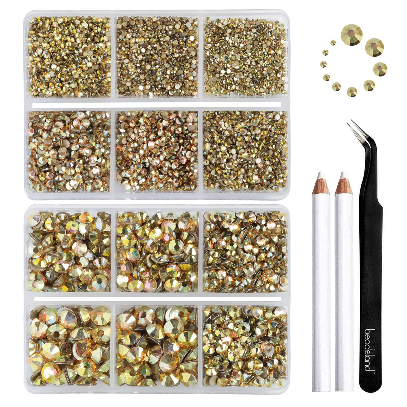 Beadsland 8300Pcs Flatback Rhinestones Kit – Gold Nail Gems in 10 Sizes SS3-SS30 with Wax Pencil & Tweezers