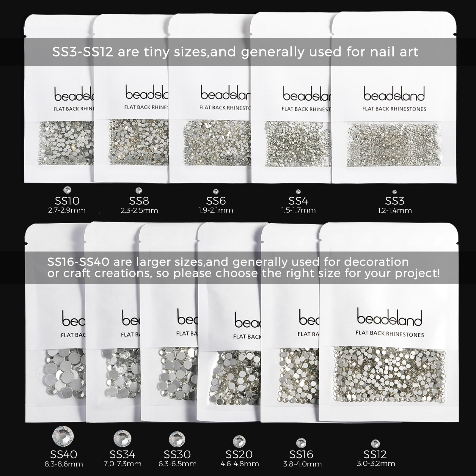 Beadsland Flat Back Crystal Rhinestones 10mm SS50, 144pcs – Nail Art & Crafts
