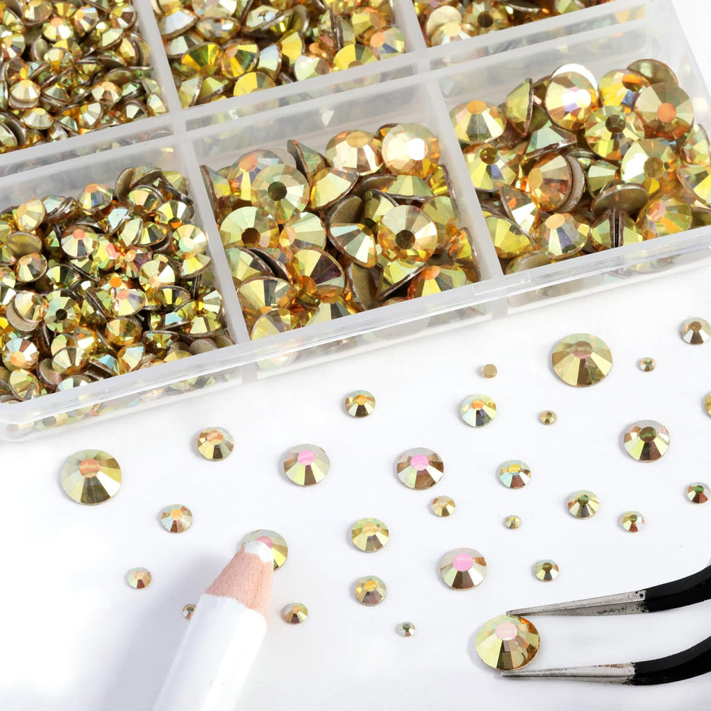 Beadsland 8300Pcs Flatback Rhinestones Kit – Gold Nail Gems in 10 Sizes SS3-SS30 with Wax Pencil & Tweezers